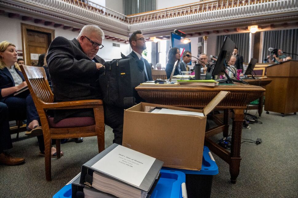 The lead attorney for the State of Montana, Mark Stermitz (l), at the start of the nation's first youth climate change trial at Montana's First Judicial District Court, June 12, 2023, in Helena, Montana