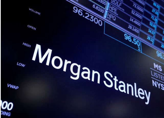 The logo for Morgan Stanley is seen on the trading floor at the New York Stock Exchange (NYSE) in Manhattan, New York City
