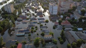 An aerial view shows flooded residential districts in the city of Kherson, Ukraine, on June 8, 2023.