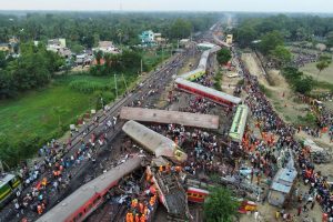 A drone view shows derailed coaches after trains collided in Balasore district in the eastern state of Odisha, India, June 3, 2023. REUTERS/Stringer/File Photo