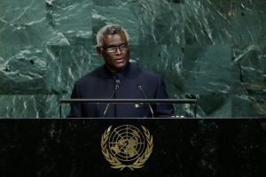 Solomon Islands Prime Minister Manasseh Sogavare addresses the 72nd United Nations General Assembly at U.N. headquarters in New York, U.S., September 22, 2017