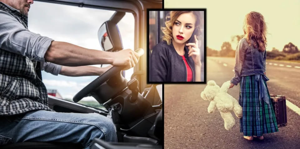 truck driver, woman on phone, little girl