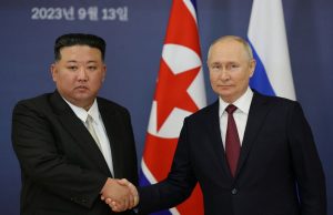 Russia's President Vladimir Putin shakes hands with North Korea's leader Kim Jong Un during a meeting at the Vostochny Сosmodrome in the far eastern Amur region, Russia, September 13, 2023. Sputnik/Vladimir Smirnov/Pool via REUTERS