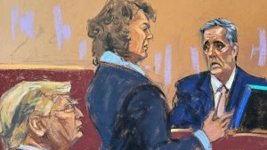 Michael Cohen is questioned by prosecutor Susan Hoffinger on 13 May in Manhattan while Donald trump looks on